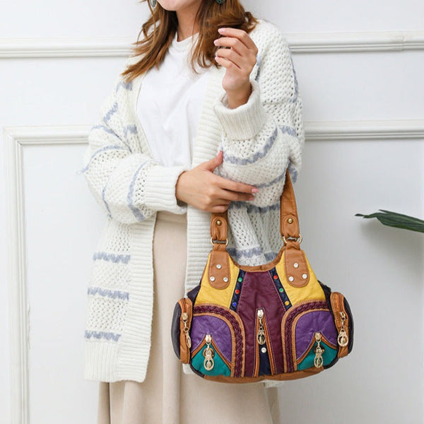Colored Mosaic Large Capacity Multilayer Washed Leather Handbag Product Information Women's Bags & Handbags
