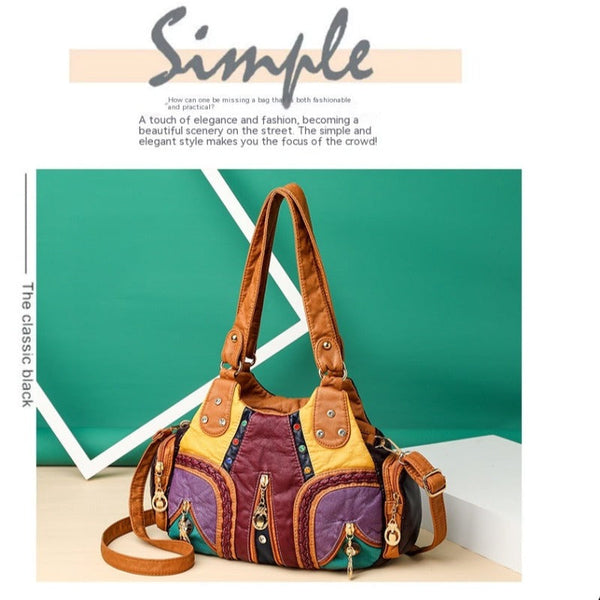 Colored Mosaic Large Capacity Multi-Layer Washed Leather Handbag