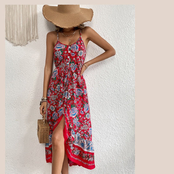Floral Printed Dress Sling Women Thin Strap Flowers Red Dresses