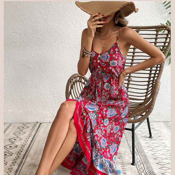 Floral Printed Dress Sling Women Thin Strap Flowers Red Dresses