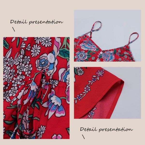 Floral Printed Dress Sling Women Thin Strap Flowers Red Dresses