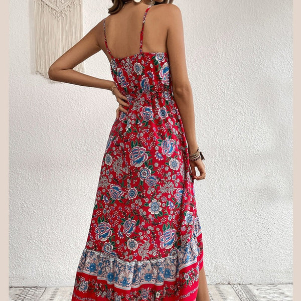 Floral Printed Dress Sling Women Thin Strap Flowers Red Dresses