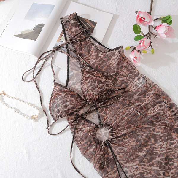 Three Piece Swimsuit Bikini Beach Sunscreen Hoodie Covering The Belly To Look Thin Printed Swimwear