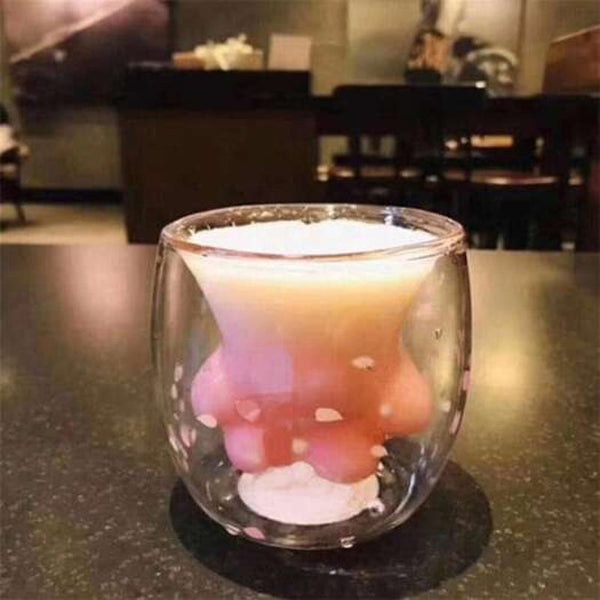 177Ml Cute Cat Paw Shape Two Layer Floral Milk Mug Coffee Cup 101 200Ml 02 Glassware & Drinkware