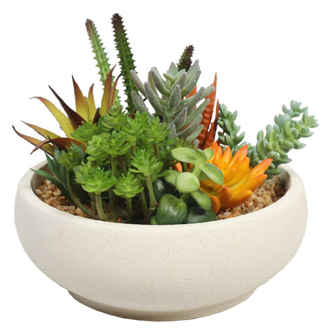Potted Artificial Succulent Bowl With Natural Stone 21Cm