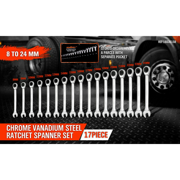 17Pc Ratchet Spanner Set Metric Combination Wrenches Open End Ring Cr-V 8-24Mm
