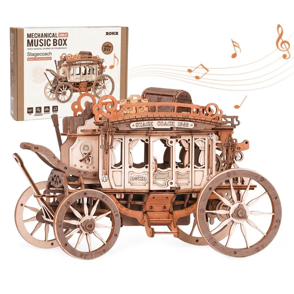 Robotime Rokr Stagecoach Music Box 3D Wooden Puzzle Gift Hobby Stem Kits Model Puzzles