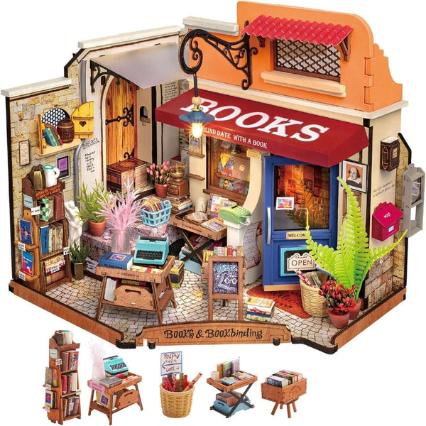 Robotime Rolife Corner Bookstore Diy Miniature House Kit With Led Lights Craft Gifts Doll Houses