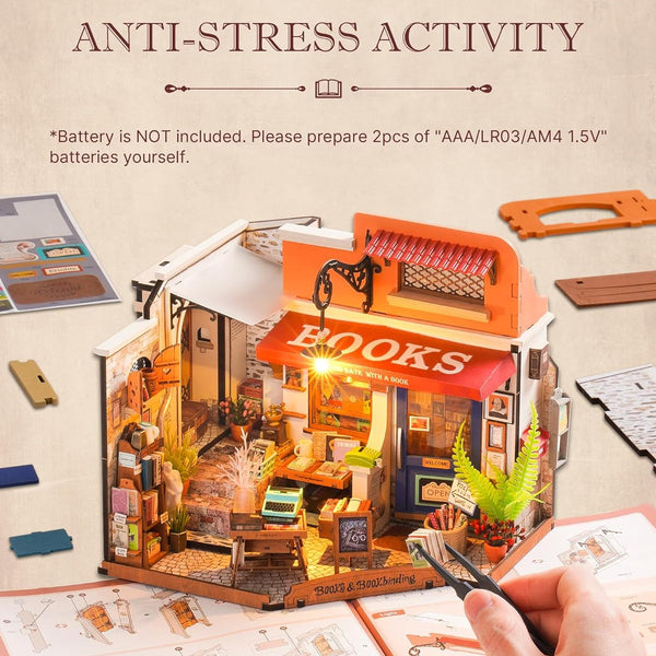 Robotime Rolife Corner Bookstore Diy Miniature House Kit With Led Lights Craft Gifts Doll Houses