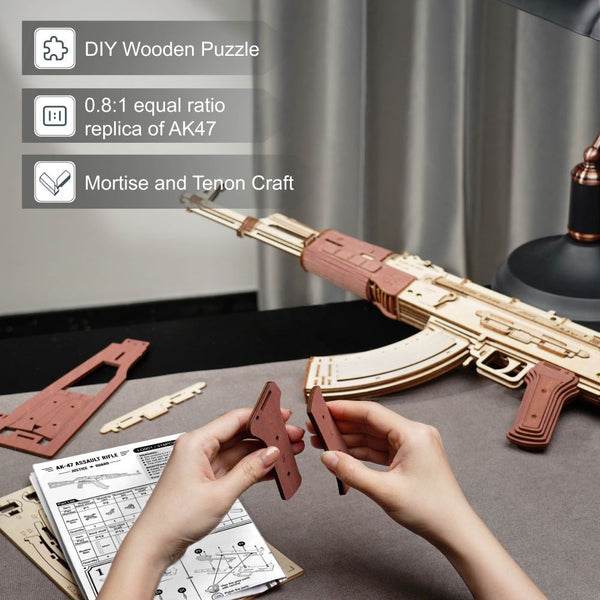Rokr Automatic Rifle Ak 47 Wooden Assembly Gun Double Firing Modes Diy Toy For Adults Kids Wooden Toys