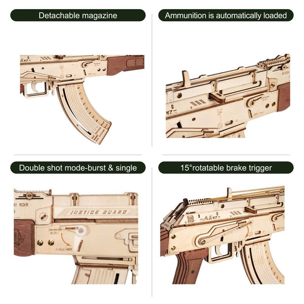 Rokr Automatic Rifle Ak 47 Wooden Assembly Gun Double Firing Modes Diy Toy For Adults Kids Wooden Toys