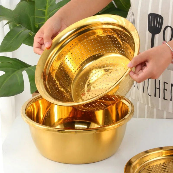 Gold Stainless Steel Basket Strainer Bowl With Vegetable Cutter Slicer For Kitchen Tools Colanders Strainers & Sifters