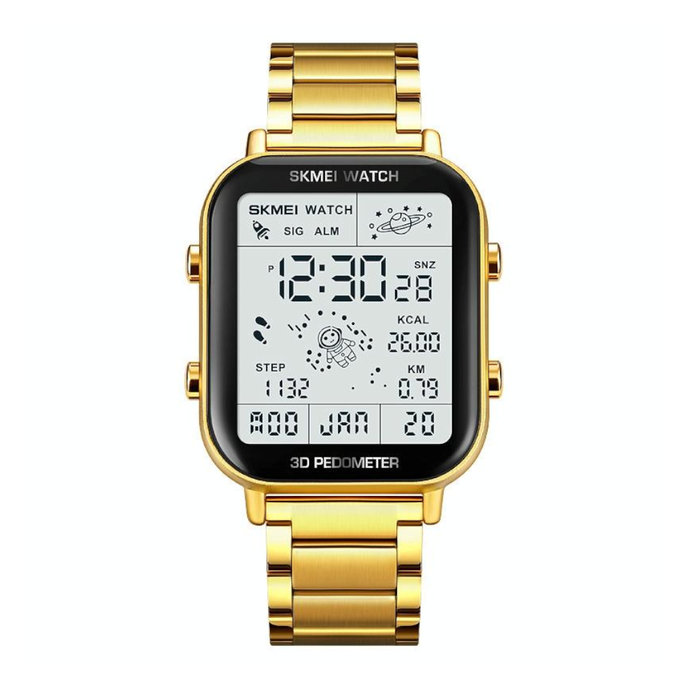 1888 Men Multifunctional Waterproof Digital Watch Stainless Steel 30M Gold Watches