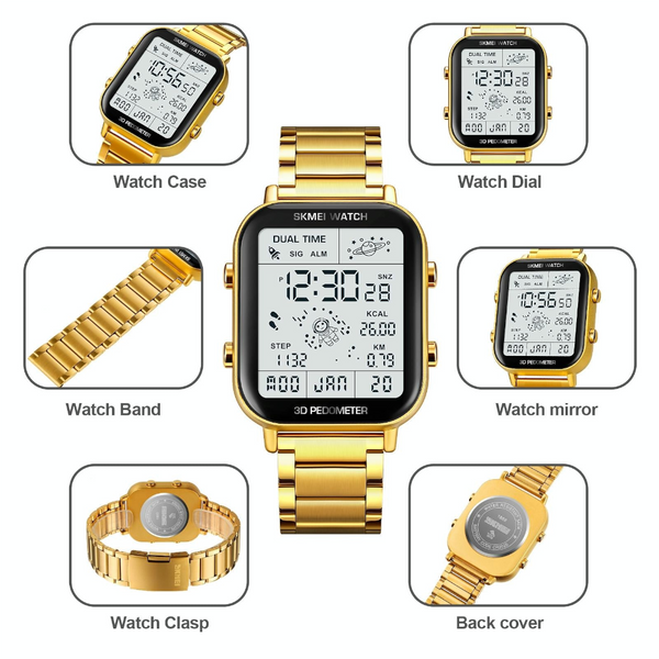 1888 Men Multifunctional Waterproof Digital Watch Stainless Steel 30M Gold Watches