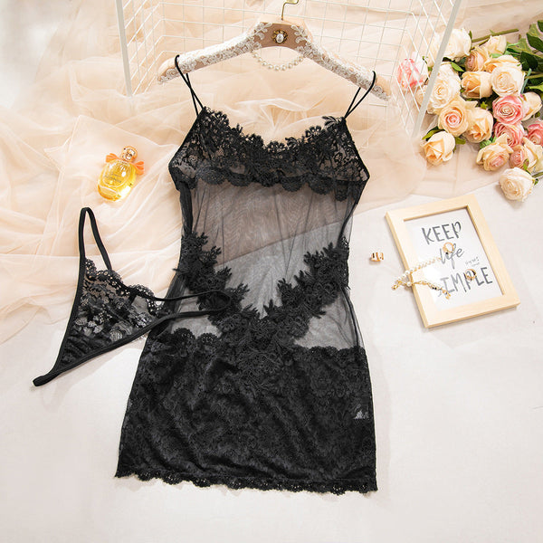 Dnika Mesh Splicing Strapless Nightgown Transparent  Bodycon Dress Spicy One Piece Short Skirt Set With Thong Sleepwear