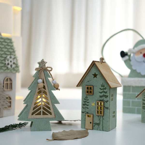 Felt Light Up Mini Wooden House Christmas Tree Desktop Bar Counter Atmosphere Decoration Festival Ornament Seasonal Decorations