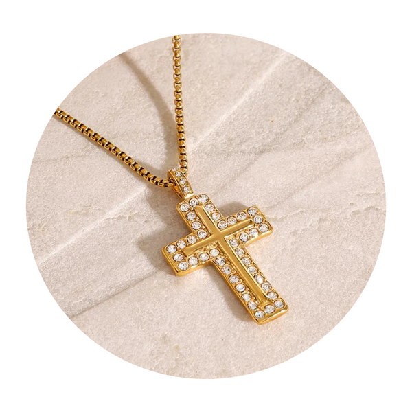 18K Gold Plated Inlaid Zircon Cross Necklace Necklaces & Pendants