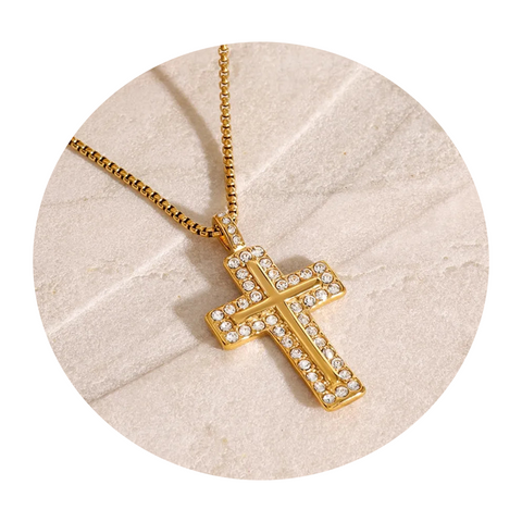 18K Gold Plated Inlaid Zircon Cross Necklace Necklaces & Pendants