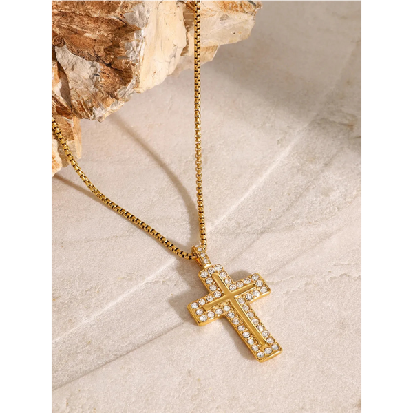 18K Gold Plated Inlaid Zircon Cross Necklace Necklaces & Pendants