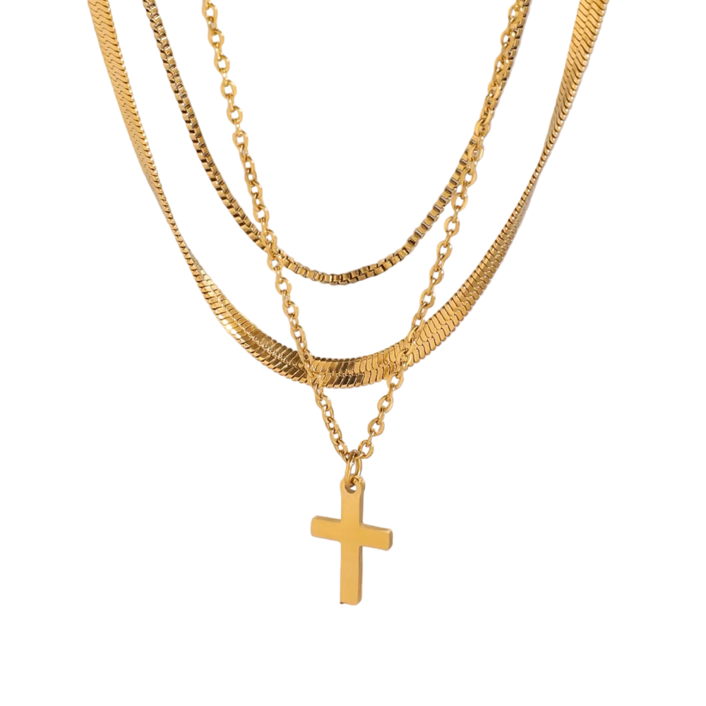 18K Gold Plated Three Layered Cross Necklace Necklaces & Pendants