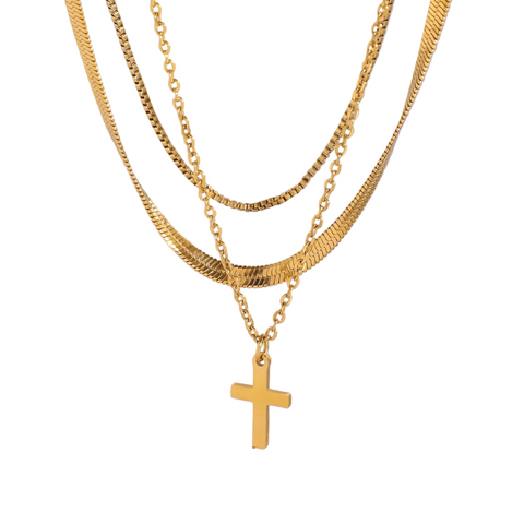 18K Gold Plated Three Layered Cross Necklace Necklaces & Pendants
