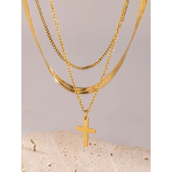 18K Gold Plated Three Layered Cross Necklace Necklaces & Pendants