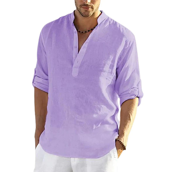 Men's Casual Cotton Linen Solid Color Long Sleeve Shirt Loose Stand Collar Casual Shirts
