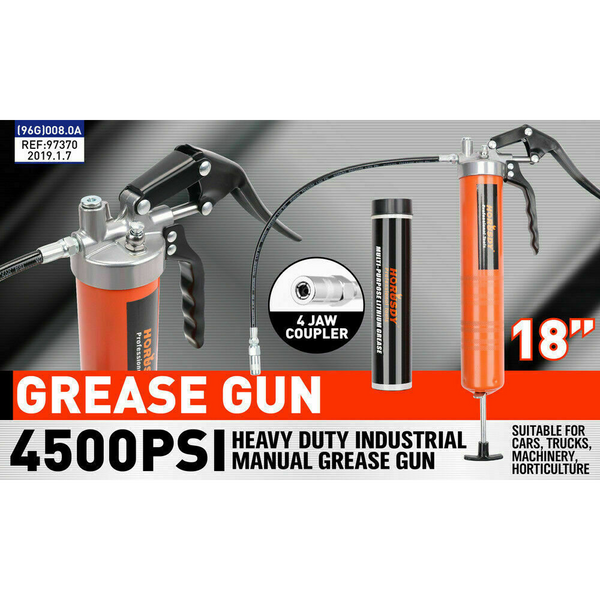 Horusdy 18'' Manual Pistol Grip Grease Gun Flow Pressure 4500Psi Flexi Hose & Coupler Grease Guns