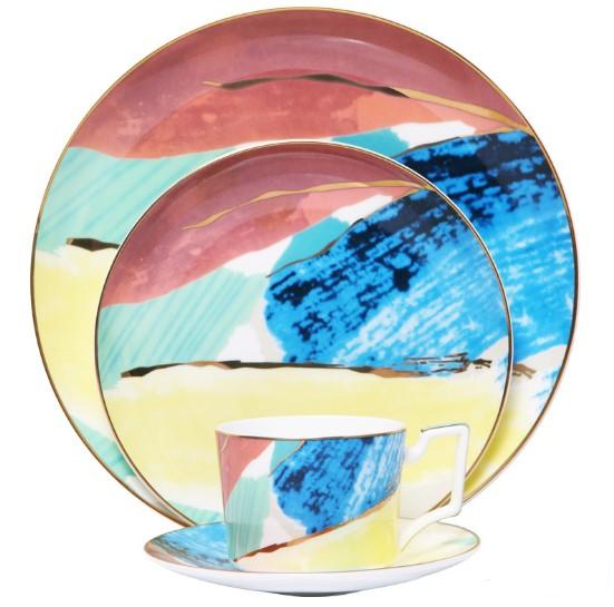 Watercolour Colourful Ceramic Handmade Dinner Plates Cup Saucer Dinner Sets