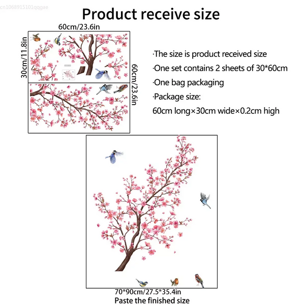 Wall Stickers Pink Plum Tree Birds Home Room Decoration Poster Bedroom Adhesive Wallpaper Furniture House Interior Wall Decals & Stickers