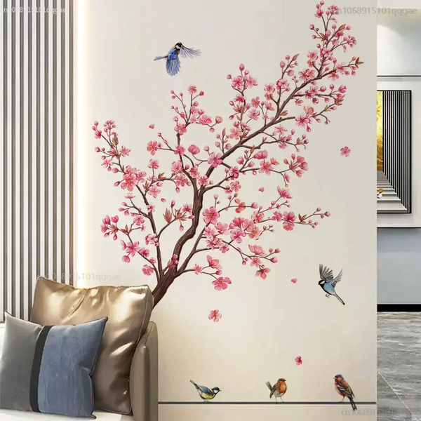 Wall Stickers Pink Plum Tree Birds Home Room Decoration Poster Bedroom Adhesive Wallpaper Furniture House Interior Wall Decals & Stickers