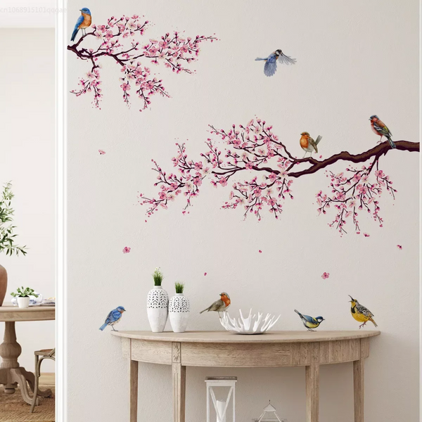 Wall Stickers Pink Plum Tree Birds Home Room Decoration Poster Bedroom Adhesive Wallpaper Furniture House Interior Wall Decals & Stickers