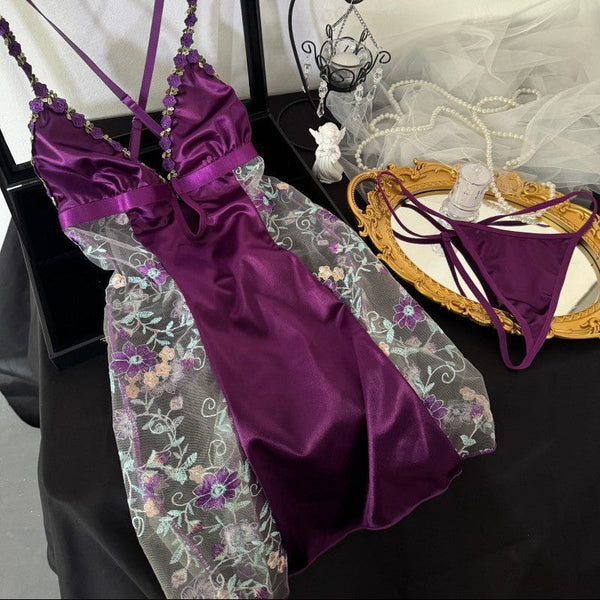 Silk Spliced Transparent Tempting V Neck Nightgown With Flower Straps Set Sleepwear