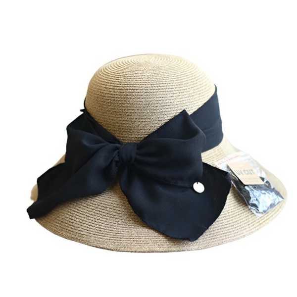 Luna&Dolphin Handmade Women Summer Sun Hat Beach Straw Nature Black White Bow Ribbon Cap Temperament Flat Collapsible Outdoor Hats