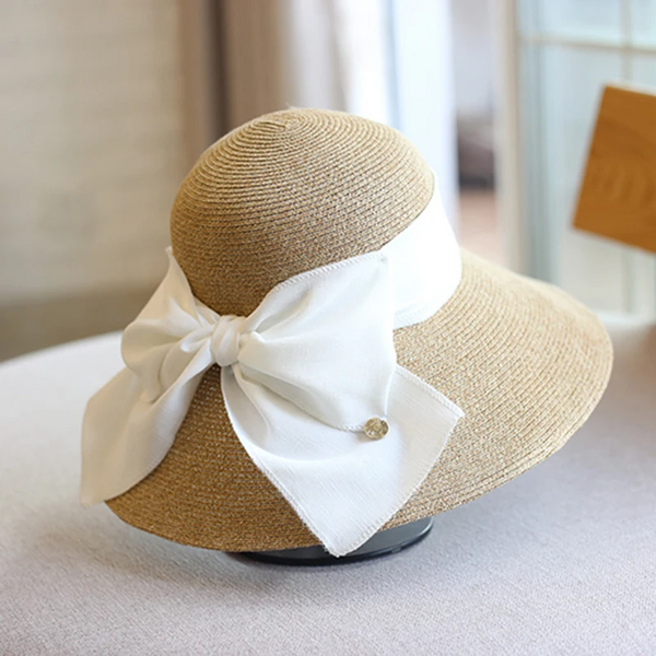 Luna&Dolphin Handmade Women Summer Sun Hat Beach Straw Nature Black White Bow Ribbon Cap Temperament Flat Collapsible Outdoor Hats