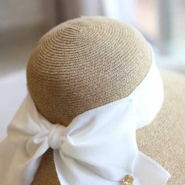 Luna&Dolphin Handmade Women Summer Sun Hat Beach Straw Nature Black White Bow Ribbon Cap Temperament Flat Collapsible Outdoor Hats