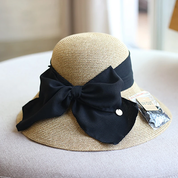 Luna&Dolphin Handmade Women Summer Sun Hat Beach Straw Nature Black White Bow Ribbon Cap Temperament Flat Collapsible Outdoor Hats