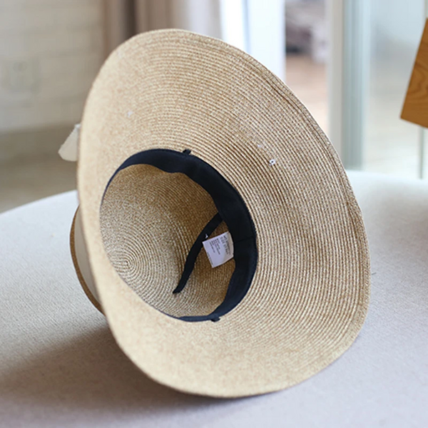 Luna&Dolphin Handmade Women Summer Sun Hat Beach Straw Nature Black White Bow Ribbon Cap Temperament Flat Collapsible Outdoor Hats