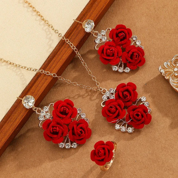 4Pcs/Set Romantic Lovely Red Rose Flower Inlaid Rhinestone Pendant Necklaces+Dangle Earrings+Ringfor Women Valentine's Day Gift Necklaces & Pendants