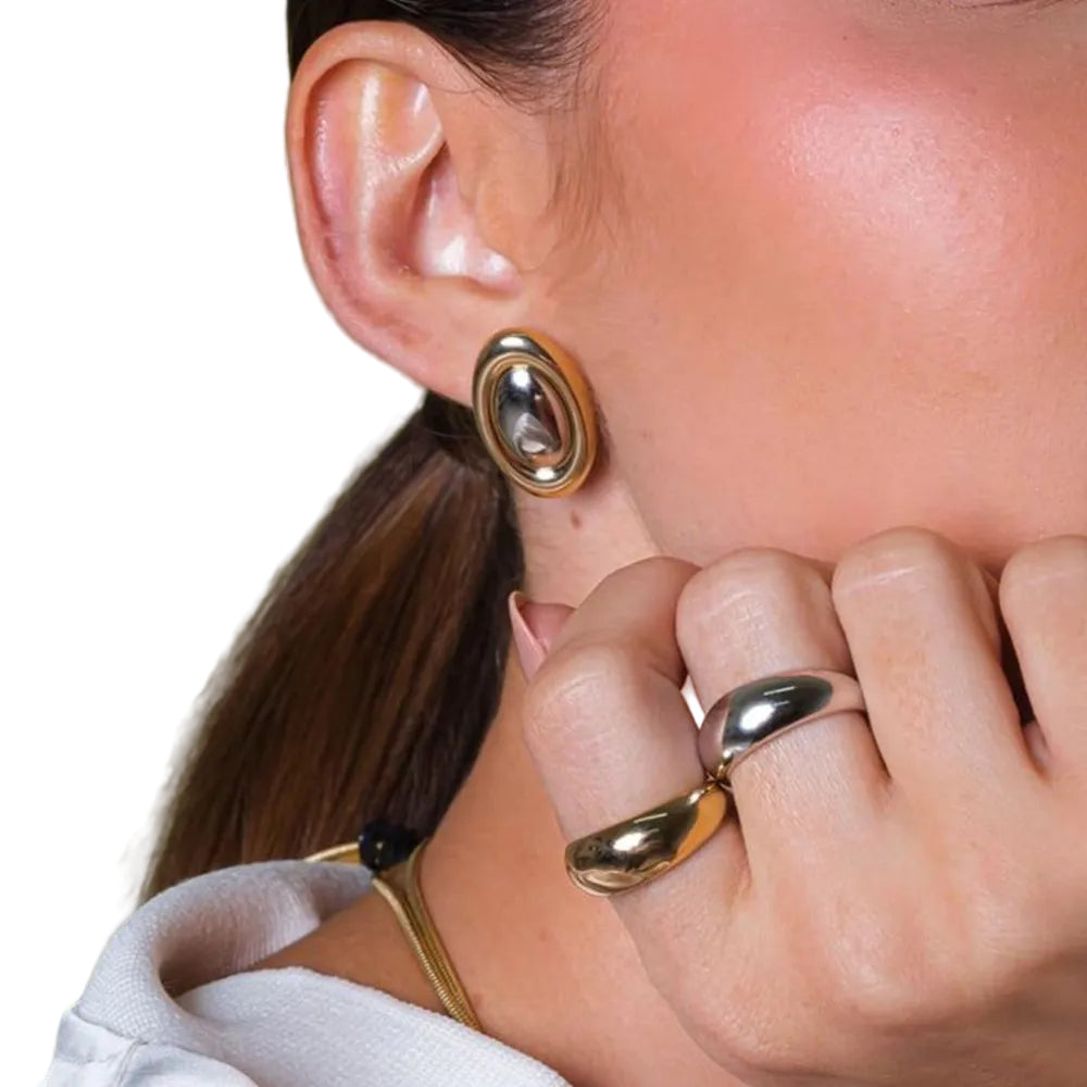 Stainless Steel Colour Blocked Oval Fashionable Versatile Earrings