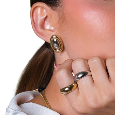 Stainless Steel Colour Blocked Oval Fashionable Versatile Earrings