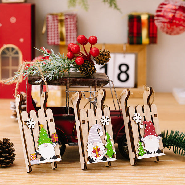 Christmas Decoration Wooden Sleigh Hanging Ornament Creative Santa Claus And Elf Figurines