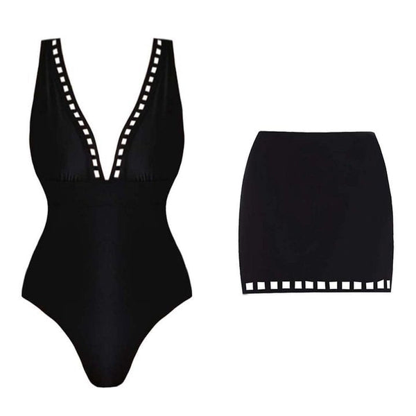 V Neck Hollow  One Piece Swimsuit Women's Set Swimwear
