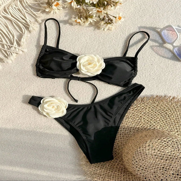 Floral Tie Strapless  Bikini Two Piece Swimsuit For Women Swimwear