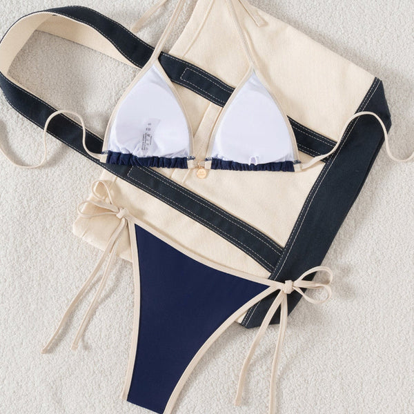 Women Color Block Binding Strap  Bikini Two Piece Swimsuit Swimwear