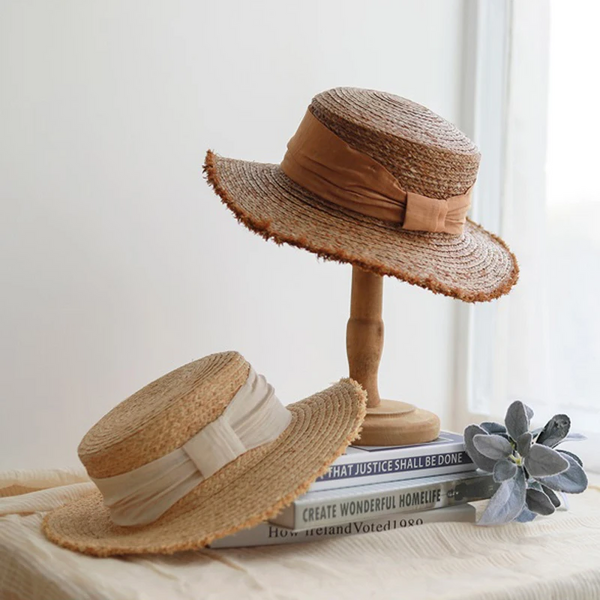 Luna&Dolphin Handmade Women Summer Sun Raffia Straw Hat Uv Protect Big Bowknot Beach Cap Girls Elegant Floppy Top Visor Burr Hats