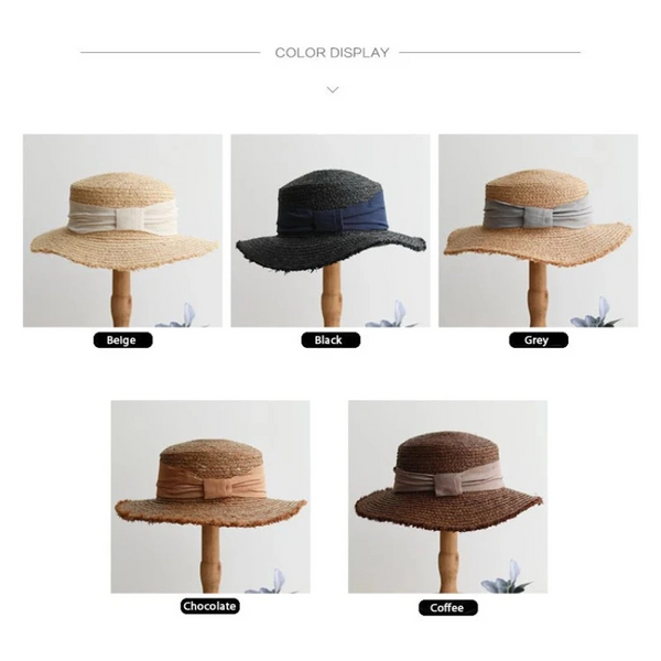 Luna&Dolphin Handmade Women Summer Sun Raffia Straw Hat Uv Protect Big Bowknot Beach Cap Girls Elegant Floppy Top Visor Burr Hats