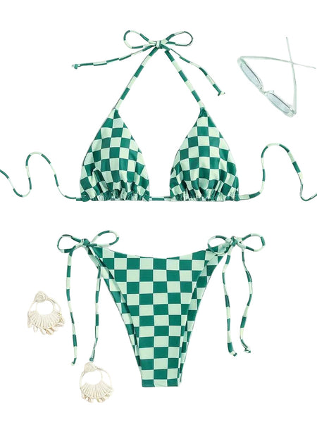 Lace Up Multi Color Checkered Split Swimsuit Women's Bikini Swimwear
