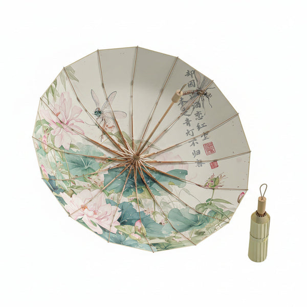 16 Rib Color Rubber & Gold Aluminum Alloy Frame: New Chinese Retro Folding Umbrella With Sun Protection And Uv Resistance. Umbrellas