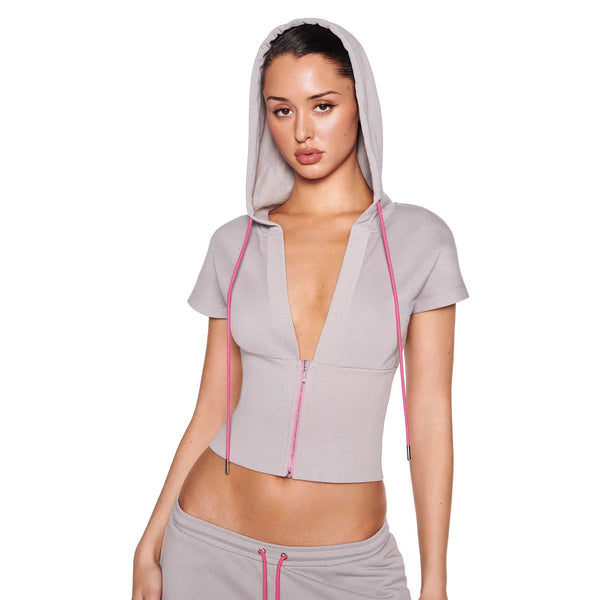 Women's Pure Color Sports Leisure Top With Hood Half Zipper Slim Deep V Neck Short Sleeve Tops